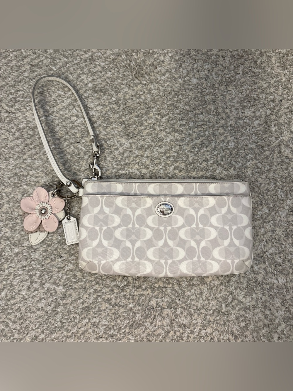 Coach Light Gray Signature Wristlet with Pink Floral Charm